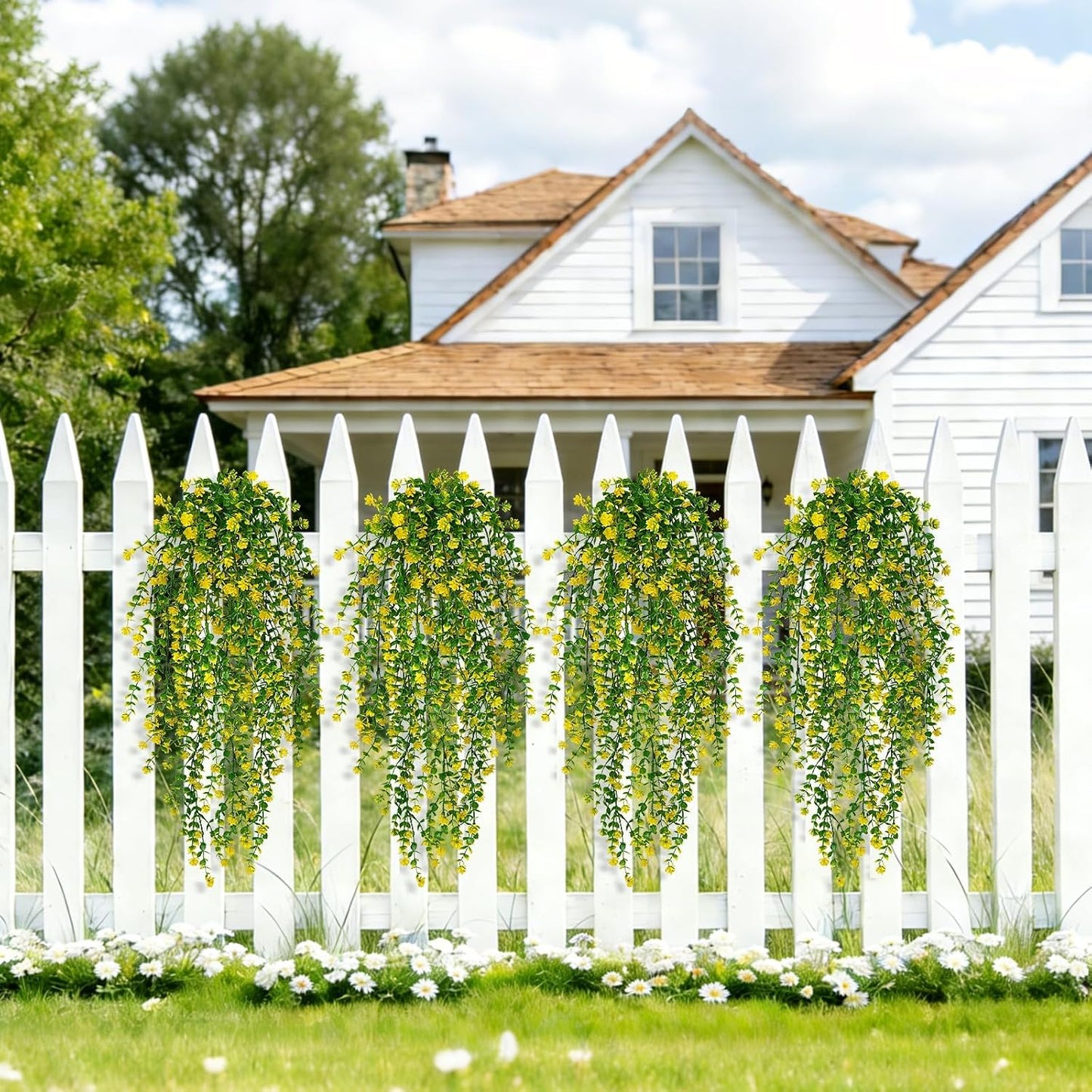 12 Pcs Outdoor Hanging Plants, Artificial Hanging Flowers, Yellow | Faux Trailing Greenery, Hanging Eucalyptus, 30in, UV Resistant, Plastic, Indoor Outdoor Wall Garden, Front Porch Home Decor