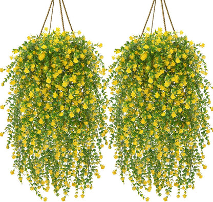12 Pcs Outdoor Hanging Plants, Artificial Hanging Flowers, Yellow | Faux Trailing Greenery, Hanging Eucalyptus, 30in, UV Resistant, Plastic, Indoor Outdoor Wall Garden, Front Porch Home Decor