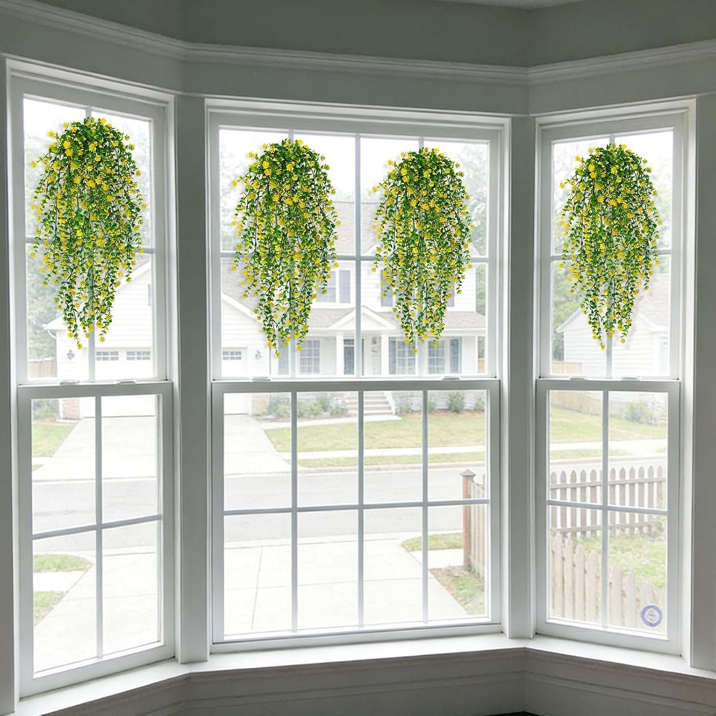 12 Pcs Outdoor Hanging Plants, Artificial Hanging Flowers, Yellow | Faux Trailing Greenery, Hanging Eucalyptus, 30in, UV Resistant, Plastic, Indoor Outdoor Wall Garden, Front Porch Home Decor