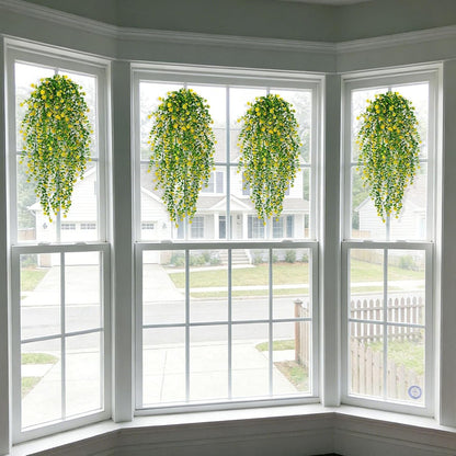 12 Pcs Outdoor Hanging Plants, Artificial Hanging Flowers, Yellow | Faux Trailing Greenery, Hanging Eucalyptus, 30in, UV Resistant, Plastic, Indoor Outdoor Wall Garden, Front Porch Home Decor