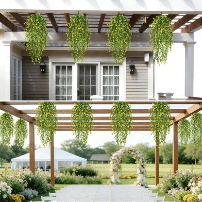 12 Pcs Outdoor Hanging Plants, Artificial Hanging Flowers, Yellow | Faux Trailing Greenery, Hanging Eucalyptus, 30in, UV Resistant, Plastic, Indoor Outdoor Wall Garden, Front Porch Home Decor