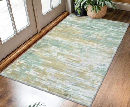 Modern Abstract 3x5 Area Rug Washable Bedroom Rug Light Green Yellow, Throw Entry Mat Non-Slip Stain Resistant Carpet Dining Room Rug with Soft Low Pile for Living Room Kitchen Bath Office