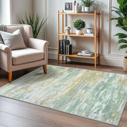 Modern Abstract 3x5 Area Rug Washable Bedroom Rug Light Green Yellow, Throw Entry Mat Non-Slip Stain Resistant Carpet Dining Room Rug with Soft Low Pile for Living Room Kitchen Bath Office