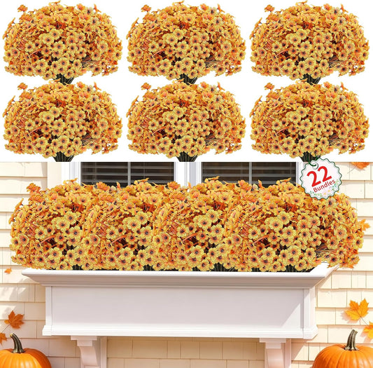 22 Pack Artificial Flowers for Outdoor Indoor Fake Plants(Autumn Yellow) | Faux Silk Flowers for Outdoors Outside Front Porch Hanging Planter Window Box Garden Autumn Decoration
