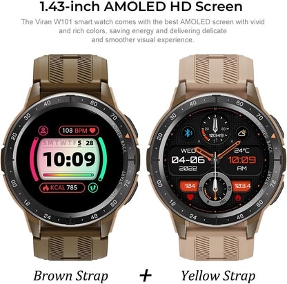 Smart Watches for Men, 1.43'' AMOLED Military Smart Watches for Women, IP68 Waterproof Fitness Watch for Android and iOS, Smartwatch with Heart Rate BP Sleep Monitor and Step Counter (Yellow)