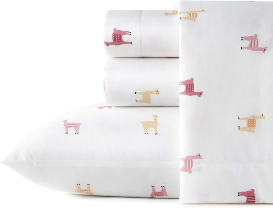 Twin Sheet Set, Cotton Percale Bedding Set, Crisp & Cool, Ideal Bedding Set (Miss Llama, Twin)