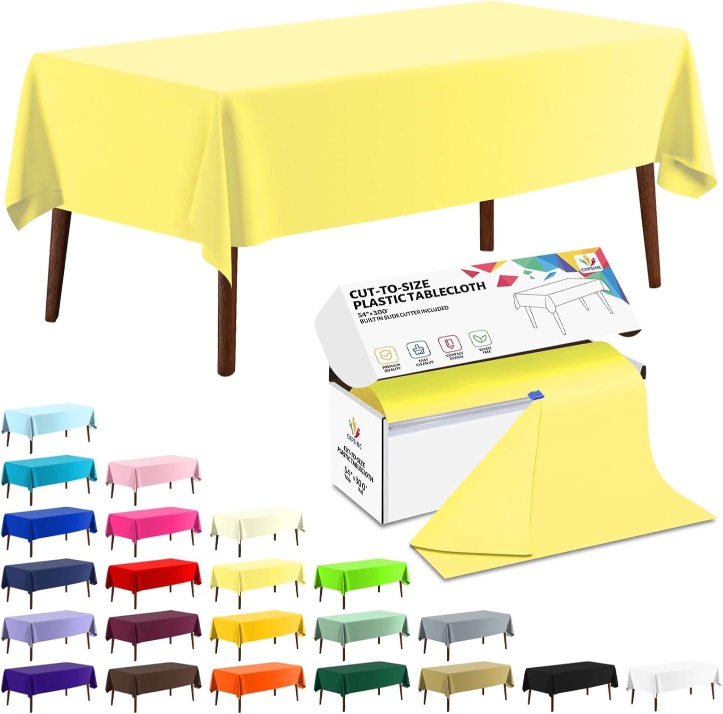 54 Inch X 300 Feet Plastic Table Cover Roll Disposable Tablecloth with Slide Cutter for All Type/Shape Tables | Party, Banquet, Birthdays, Weddings(Light Yellow, 300 Feet)