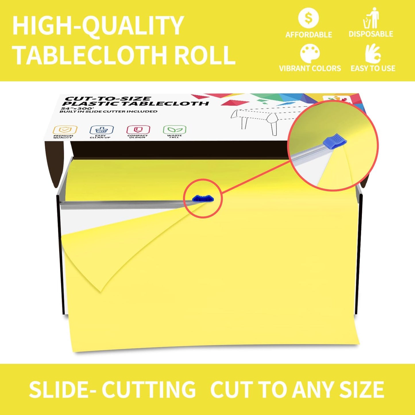 54 Inch X 300 Feet Plastic Table Cover Roll Disposable Tablecloth with Slide Cutter for All Type/Shape Tables | Party, Banquet, Birthdays, Weddings(Light Yellow, 300 Feet)