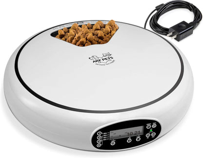 Automatic Pet Feeder, 5 Meal Food Dispenser for Dogs, Cats & Small Animals w/Programmable Timer, Dishwasher-Safe Tray Feeds Wet or Dry Food - (Serves 4 Meals Per Day) Adopter Included