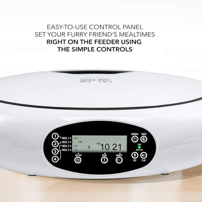 Automatic Pet Feeder, 5 Meal Food Dispenser for Dogs, Cats & Small Animals w/Programmable Timer, Dishwasher-Safe Tray Feeds Wet or Dry Food - (Serves 4 Meals Per Day) Adopter Included