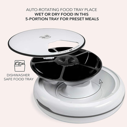 Automatic Pet Feeder, 5 Meal Food Dispenser for Dogs, Cats & Small Animals w/Programmable Timer, Dishwasher-Safe Tray Feeds Wet or Dry Food - (Serves 4 Meals Per Day) Adopter Included