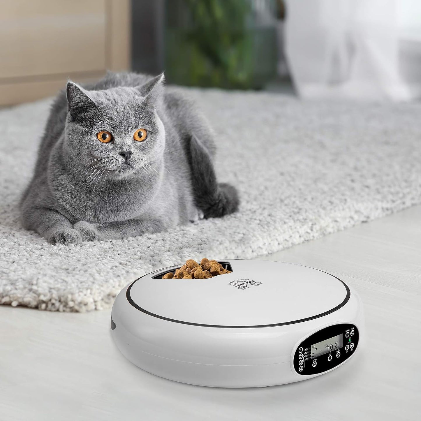 Automatic Pet Feeder, 5 Meal Food Dispenser for Dogs, Cats & Small Animals w/Programmable Timer, Dishwasher-Safe Tray Feeds Wet or Dry Food - (Serves 4 Meals Per Day) Adopter Included