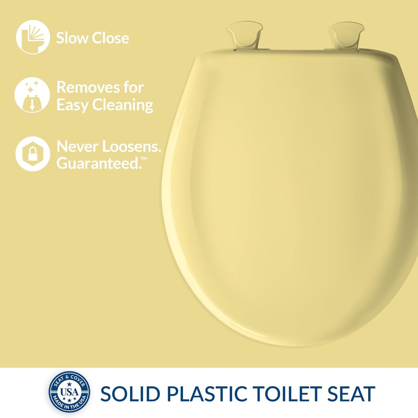 Classic Colors Slow Close Toilet Seat, Easy Clean Hinges and Durable Plastic Seat, Made in USA, Round, Yellow