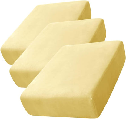 CONRUSER Stretch Cushion Cover, Soft Velvet Plush Cushion Slipcover Seat Sofa Covers Furniture Protector with Elastic Bottom (Yellow, 3)