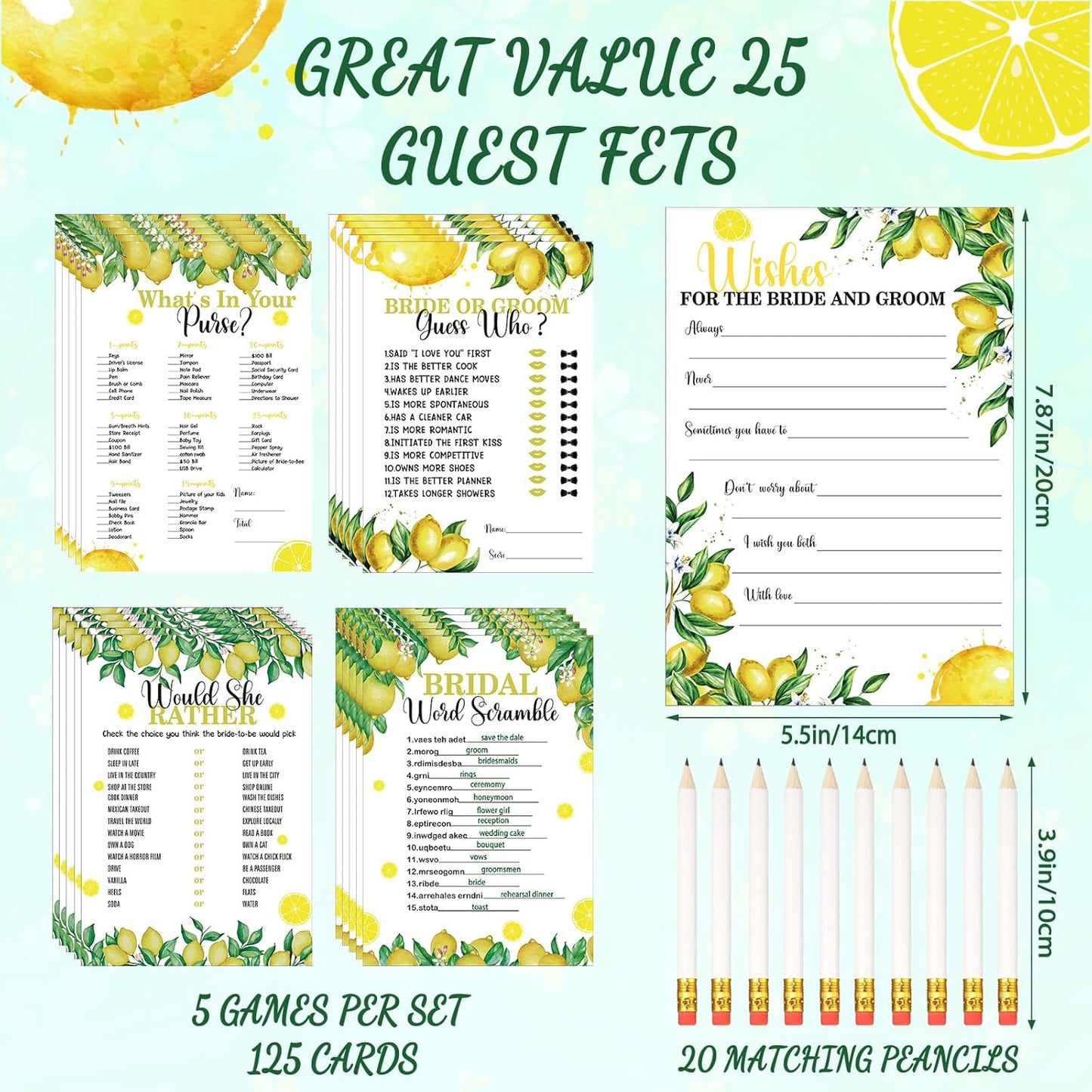 145 Pieces Lemon Bridal Shower Game Bridal Shower Favors Wedding Shower Games Set Include Wedding Games Cards and Pencils for Bride Groom Bachelorette Party Wedding Shower Party Favor