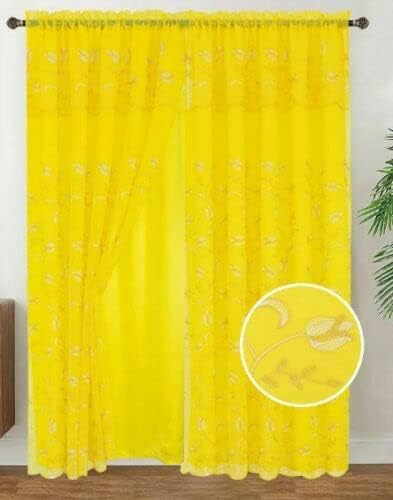 Set of 2 Kylie Embroidered Curtain Panels with Attached Taffeta Backing and Valance, 108" Wide x 84" Long (Yellow)