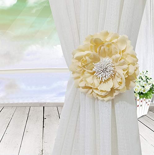 Chictie 2 Piece Large Cloth Flower Magnetic Curtain Tieback Wedding Decorative Holdbacks Rope American Rustic Style Drapery Holder Clip for Girl's Room (Beige Yellow)