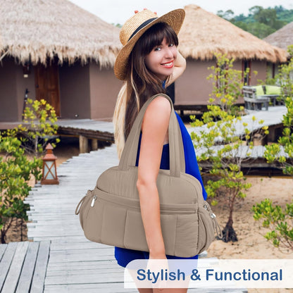 Travel Duffel Bag for Women, Puffer Gym Bag Sports Tote with Wet Pocket, Carry On Weekender with Luggage Sleeve (Golden Yellow)