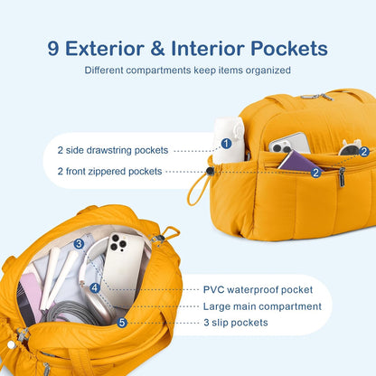 Travel Duffel Bag for Women, Puffer Gym Bag Sports Tote with Wet Pocket, Carry On Weekender with Luggage Sleeve (Golden Yellow)