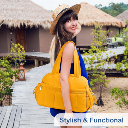 Travel Duffel Bag for Women, Puffer Gym Bag Sports Tote with Wet Pocket, Carry On Weekender with Luggage Sleeve (Golden Yellow)