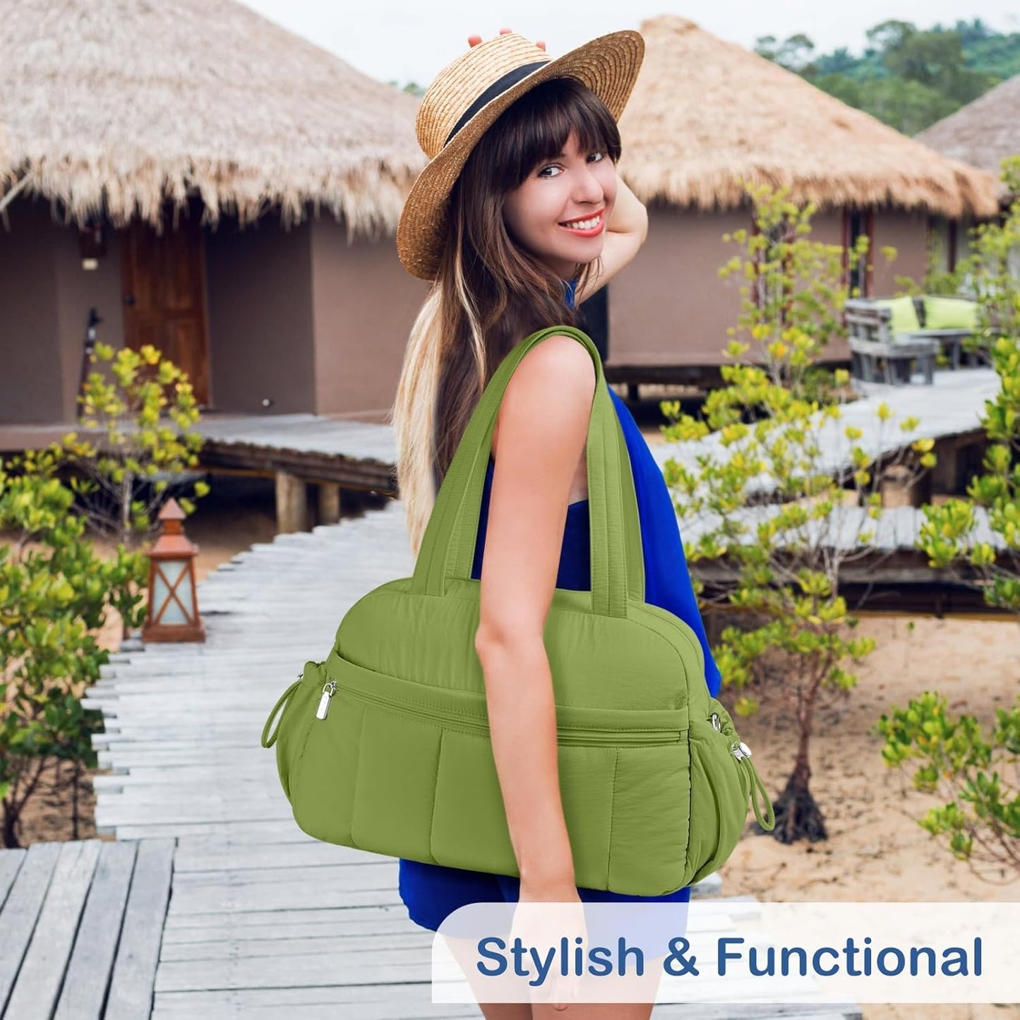 Travel Duffel Bag for Women, Puffer Gym Bag Sports Tote with Wet Pocket, Carry On Weekender with Luggage Sleeve (Golden Yellow)