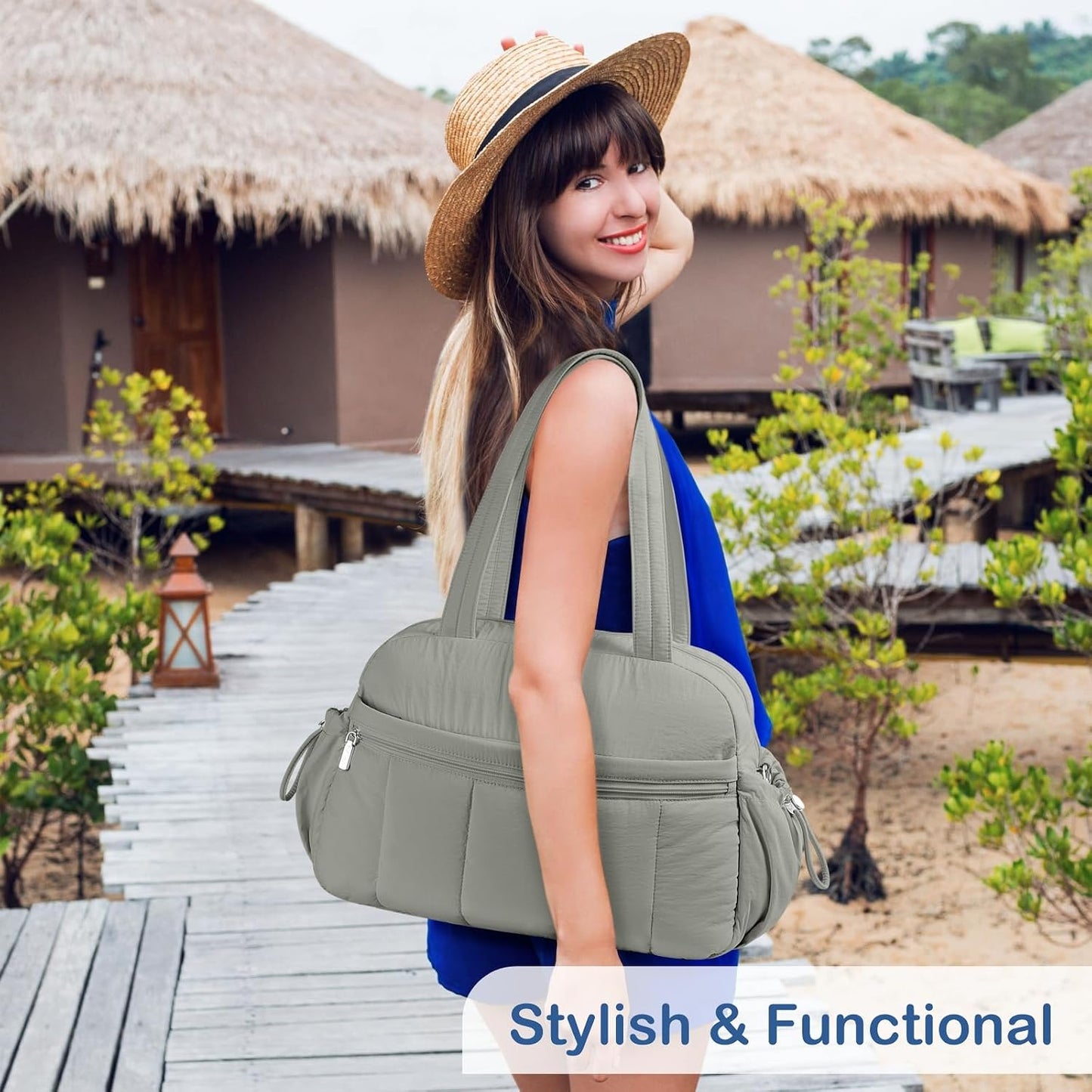 Travel Duffel Bag for Women, Puffer Gym Bag Sports Tote with Wet Pocket, Carry On Weekender with Luggage Sleeve (Golden Yellow)