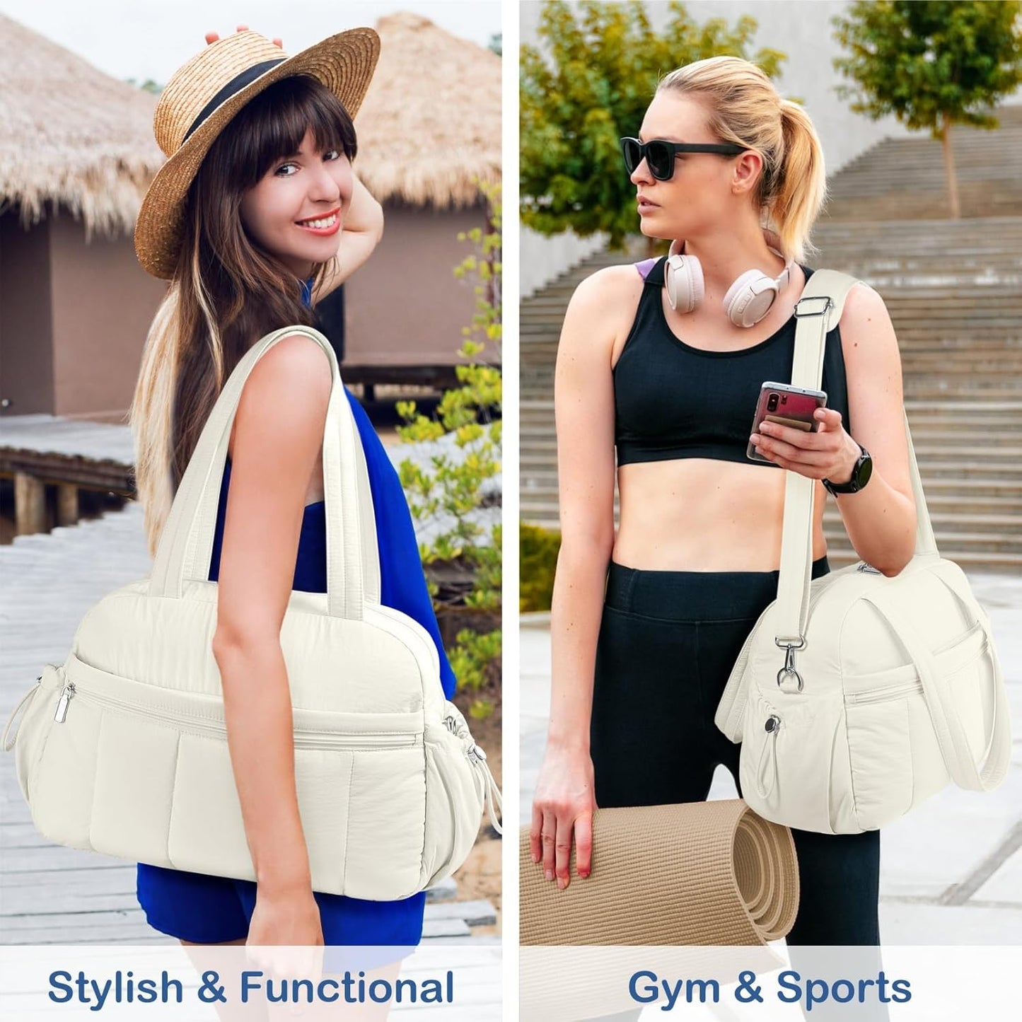 Travel Duffel Bag for Women, Puffer Gym Bag Sports Tote with Wet Pocket, Carry On Weekender with Luggage Sleeve (Golden Yellow)