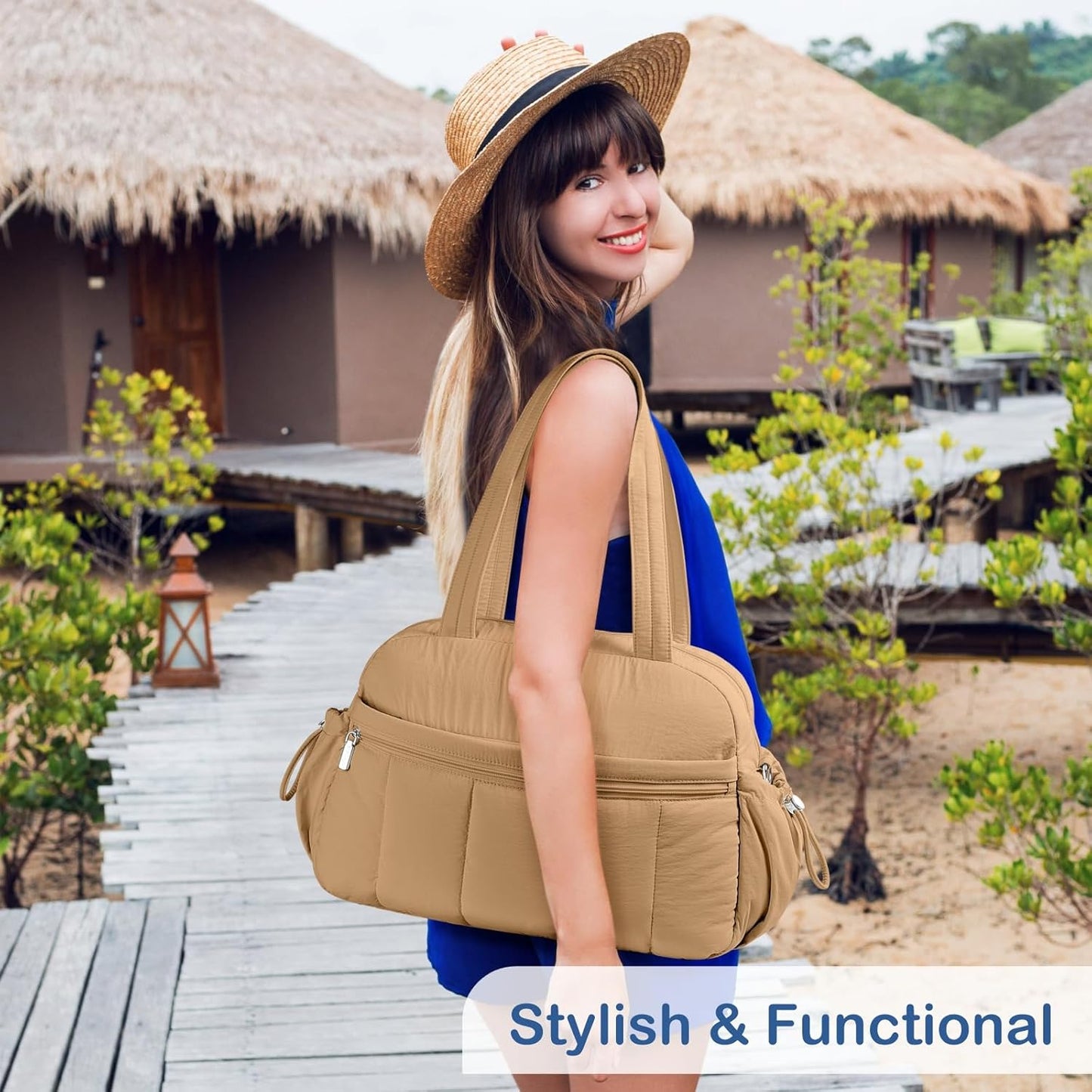 Travel Duffel Bag for Women, Puffer Gym Bag Sports Tote with Wet Pocket, Carry On Weekender with Luggage Sleeve (Golden Yellow)