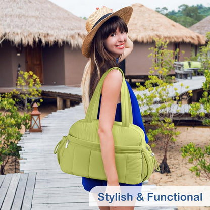 Travel Duffel Bag for Women, Puffer Gym Bag Sports Tote with Wet Pocket, Carry On Weekender with Luggage Sleeve (Golden Yellow)