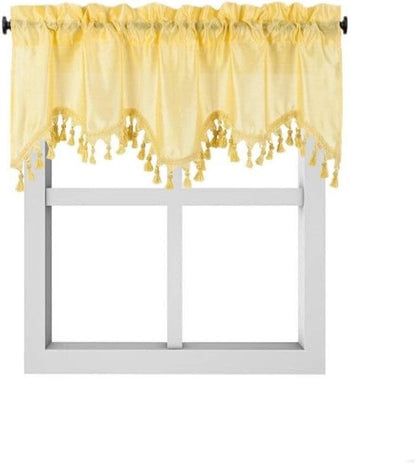 Solid Faux Silk Swag Waterfall Cascade Ascot Window Curtain Valance w/Tassels Trim 55" x18" Wave (2, Yellow)