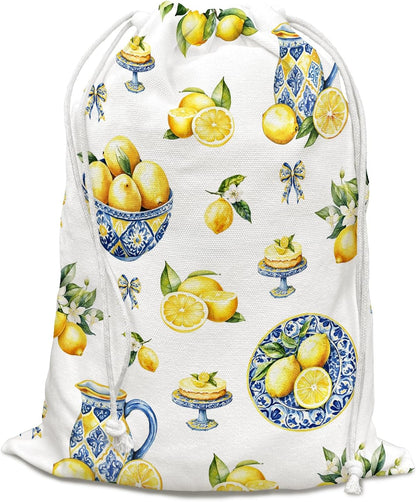 Lemon Drawstring Gift Bags for Party, Summer Fruit Baby Shower Canvas Drawstring Gift Bags, Lemon Summer Party Decorations, Reusable Fabric Wrap, 10x13 Inch