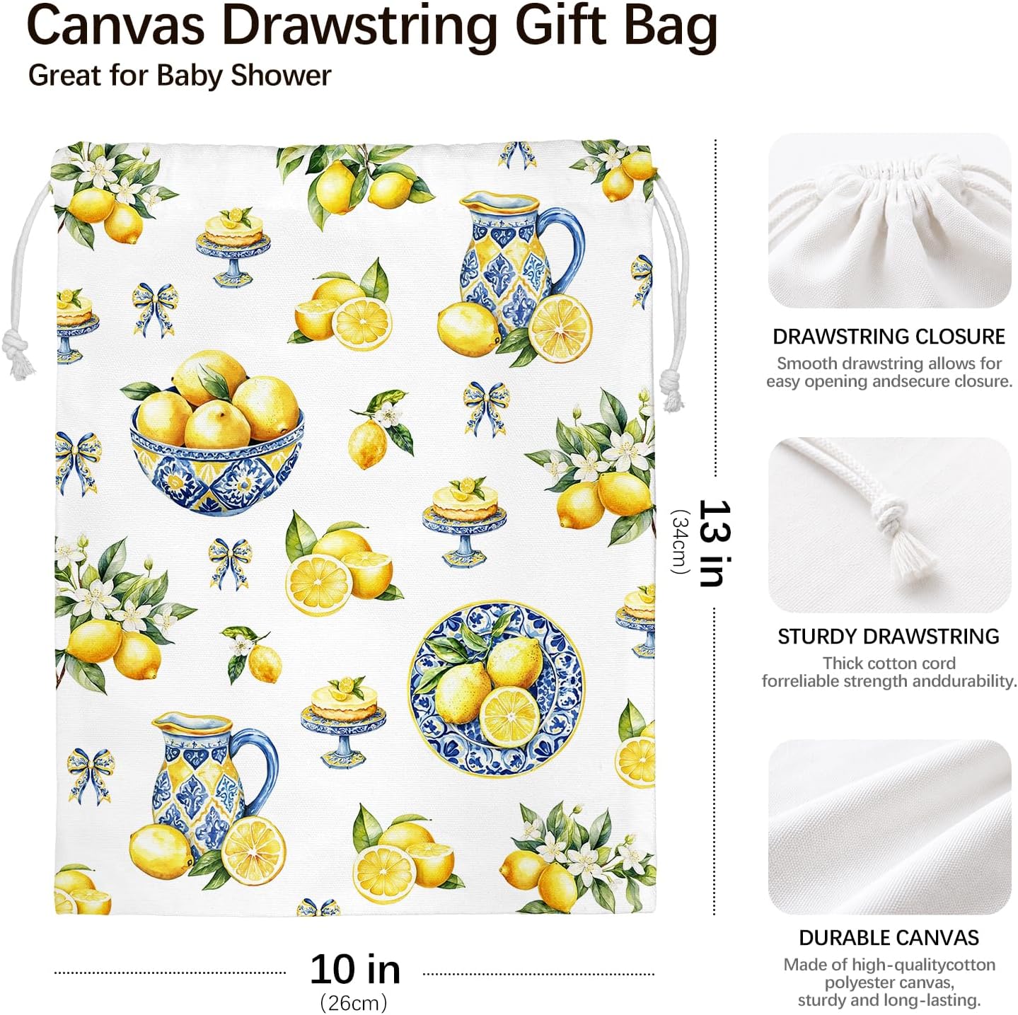 Lemon Drawstring Gift Bags for Party, Summer Fruit Baby Shower Canvas Drawstring Gift Bags, Lemon Summer Party Decorations, Reusable Fabric Wrap, 10x13 Inch