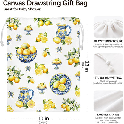 Lemon Drawstring Gift Bags for Party, Summer Fruit Baby Shower Canvas Drawstring Gift Bags, Lemon Summer Party Decorations, Reusable Fabric Wrap, 10x13 Inch