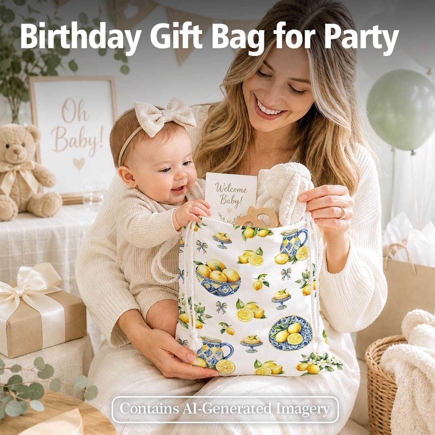 Lemon Drawstring Gift Bags for Party, Summer Fruit Baby Shower Canvas Drawstring Gift Bags, Lemon Summer Party Decorations, Reusable Fabric Wrap, 10x13 Inch