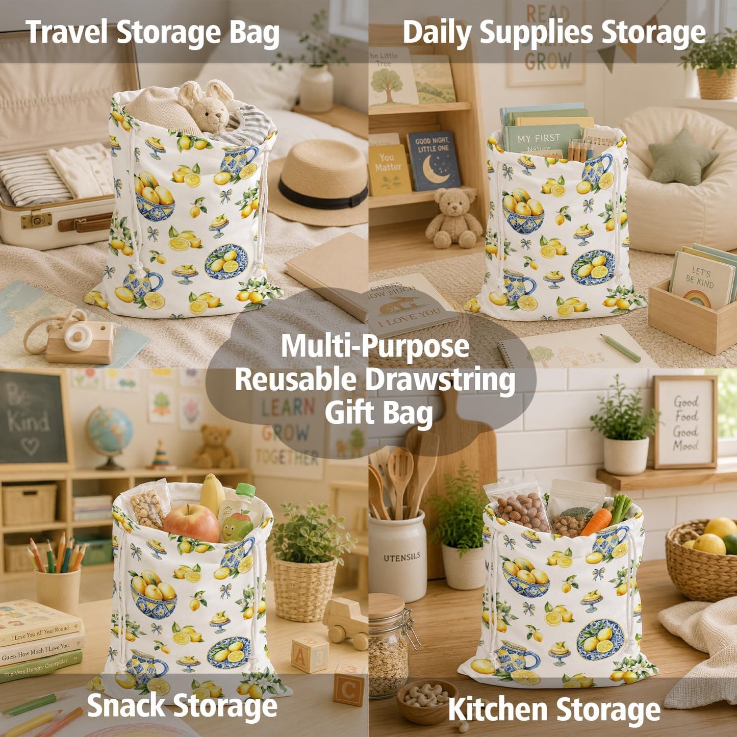 Lemon Drawstring Gift Bags for Party, Summer Fruit Baby Shower Canvas Drawstring Gift Bags, Lemon Summer Party Decorations, Reusable Fabric Wrap, 10x13 Inch