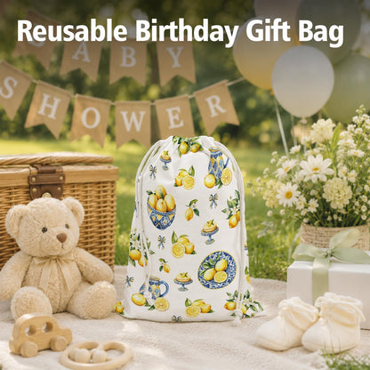 Lemon Drawstring Gift Bags for Party, Summer Fruit Baby Shower Canvas Drawstring Gift Bags, Lemon Summer Party Decorations, Reusable Fabric Wrap, 10x13 Inch