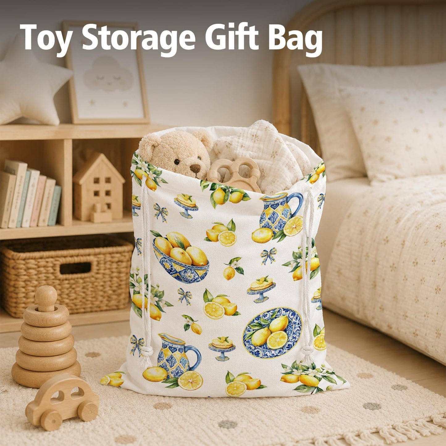 Lemon Drawstring Gift Bags for Party, Summer Fruit Baby Shower Canvas Drawstring Gift Bags, Lemon Summer Party Decorations, Reusable Fabric Wrap, 10x13 Inch