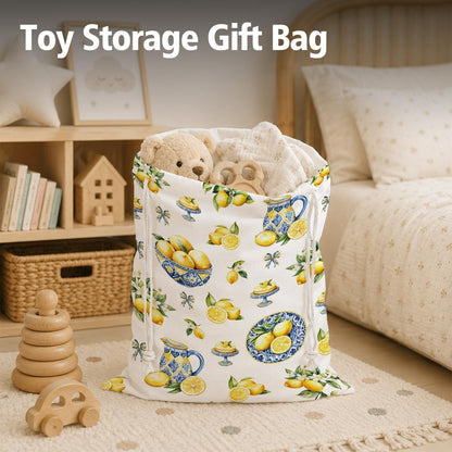 Lemon Drawstring Gift Bags for Party, Summer Fruit Baby Shower Canvas Drawstring Gift Bags, Lemon Summer Party Decorations, Reusable Fabric Wrap, 10x13 Inch