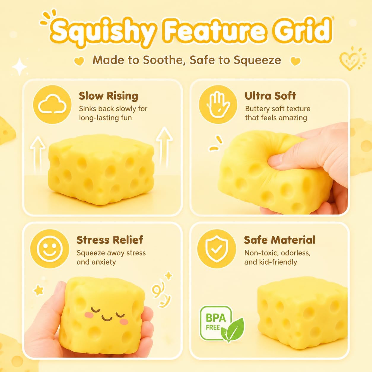 2 Pack Big Cheese Squishy, Fake Cheese Stress Ball, Slow Rising Squishy Toys, Squeeze Cheese Squishys Cheap, Suitable for Adults and Children, as Well as squishies for Girls.