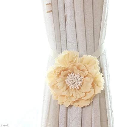 Chictie 2 Piece Large Cloth Flower Magnetic Curtain Tieback Wedding Decorative Holdbacks Rope American Rustic Style Drapery Holder Clip for Girl's Room (Beige Yellow)