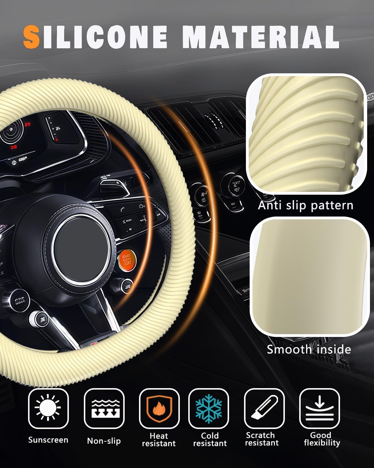 Car Steering Wheel Cover, Thin Anti-Skid Silicone,Light Yellow | Steering Wheel Cover for Men & Women, Universal Automotive Interior Accessories for Most Cars