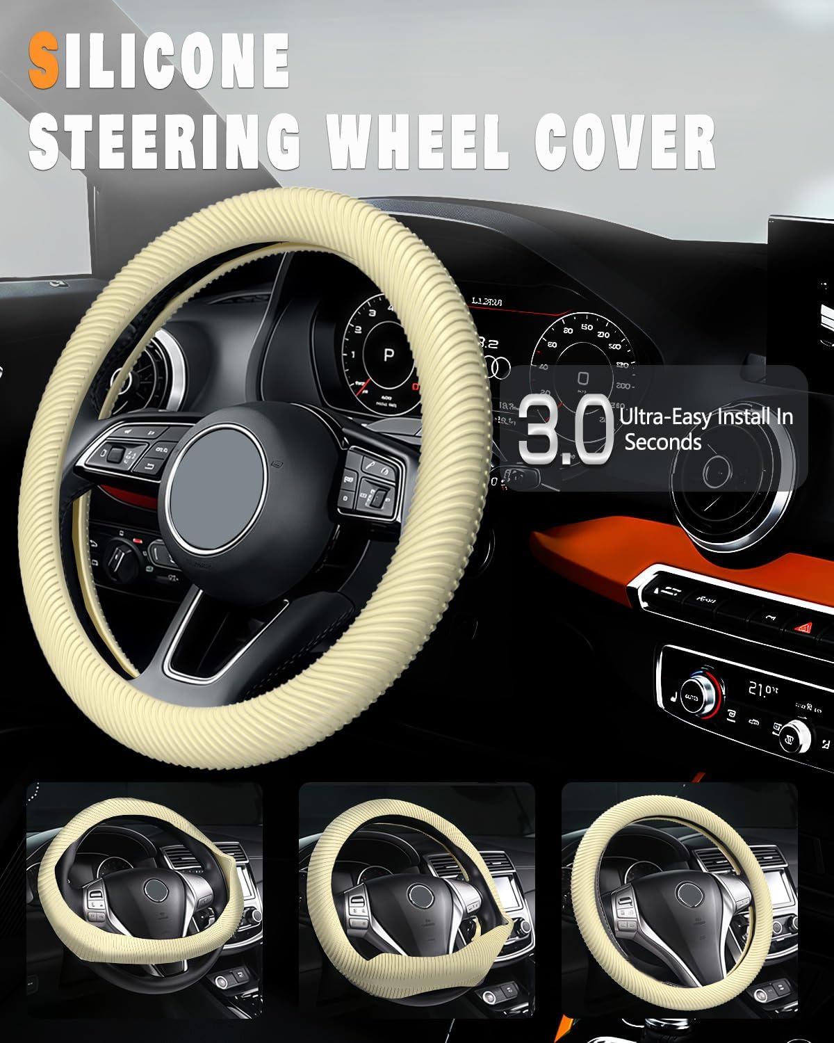 Car Steering Wheel Cover, Thin Anti-Skid Silicone,Light Yellow | Steering Wheel Cover for Men & Women, Universal Automotive Interior Accessories for Most Cars