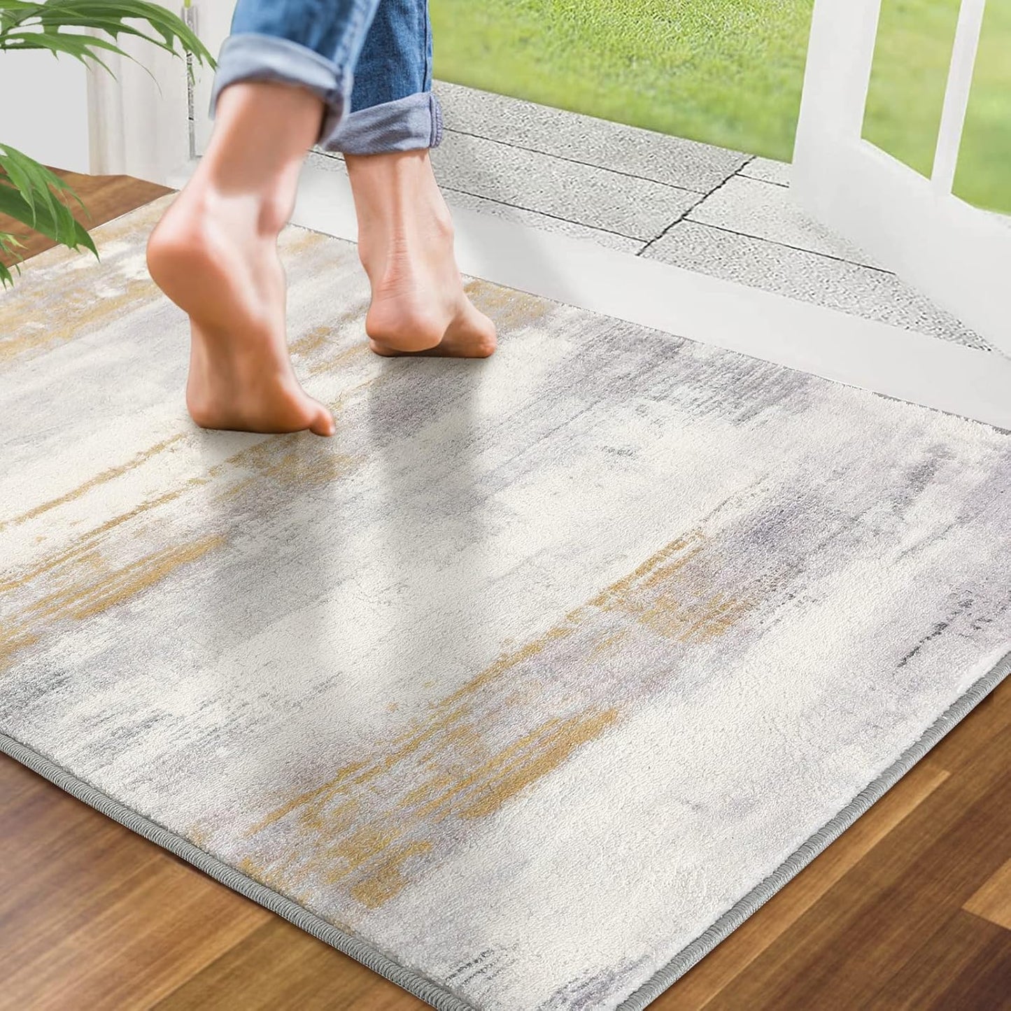 Door Mat, Front Indoor Door Mat Faux Wool Non-Slip Entryway Rug Absorbent Abstract Throw Rug for Indoor Entrance Hallway Laundry Room, High Traffic Areas, 24X36 Inches, Yellow Washable
