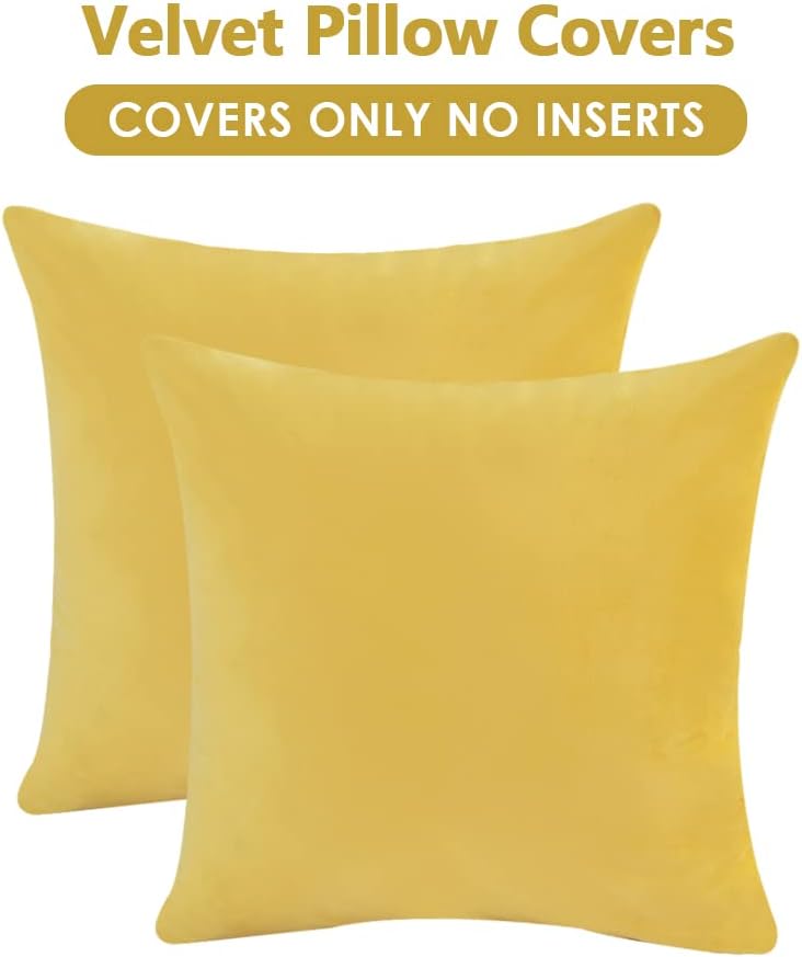 Krifey Throw Pillow Covers Velvet Decorative Square Pillowcase Soft Cushion Case for Couch Bedroom 20x20 Inch Lemon Yellow, Pack of 2