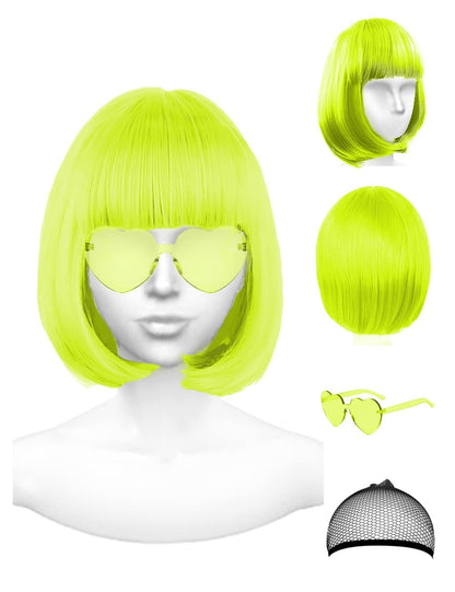 Neon Green Wig and Party Sunglasses, Rainbow Wig with Neon Glasses Wigs for Women, Short Light Lime Green Wigs - Bachelorette Party Decorations Favors (Lemon Green)