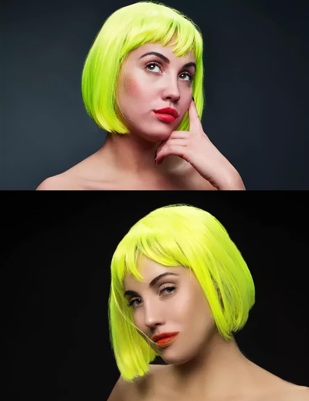 Neon Green Wig and Party Sunglasses, Rainbow Wig with Neon Glasses Wigs for Women, Short Light Lime Green Wigs - Bachelorette Party Decorations Favors (Lemon Green)
