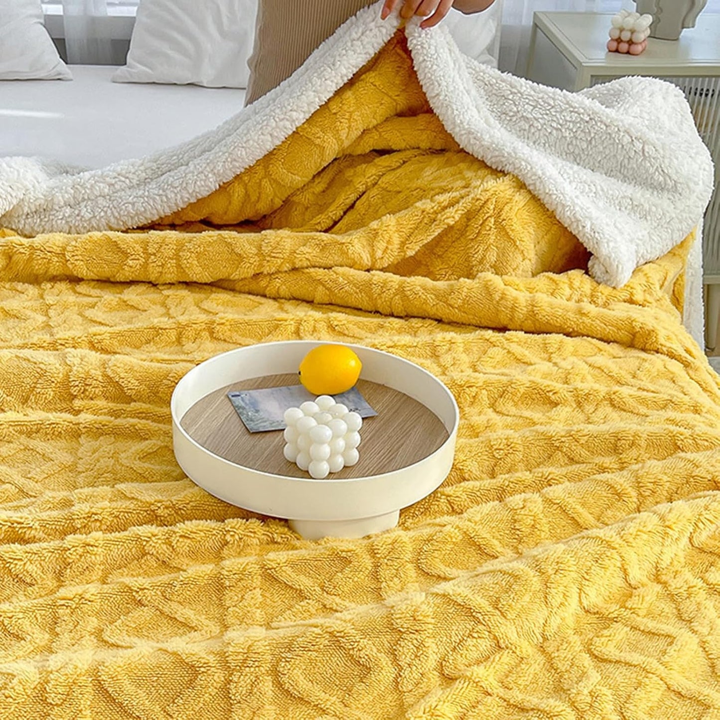 Faux Fur Throw Blanket,Jacquard Thick Blanket,Double-Sided Fluff Plush Warm Blanket for Couch Bed Sofa Office Travel Cozy Winter Thickened Blanket Yellow 39.4 x 59.1 inch