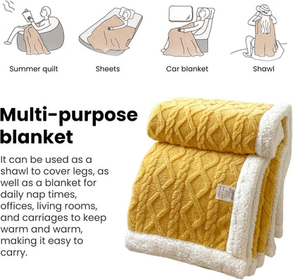 Faux Fur Throw Blanket,Jacquard Thick Blanket,Double-Sided Fluff Plush Warm Blanket for Couch Bed Sofa Office Travel Cozy Winter Thickened Blanket Yellow 39.4 x 59.1 inch