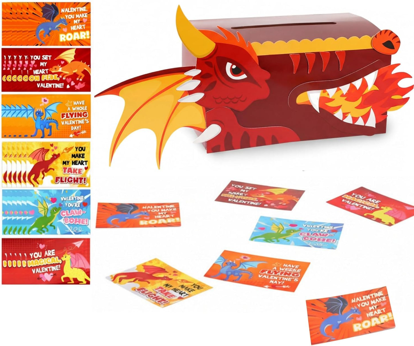 Valentines DIY Boxes for Kids with 36 Greeting Cards Valentine's Day Mailbox Cards for Girls Boys Classroom Exchange Gifts School Class Classroom Birthday Party Supplies(Dragon)