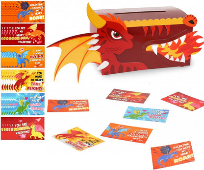 Valentines DIY Boxes for Kids with 36 Greeting Cards Valentine's Day Mailbox Cards for Girls Boys Classroom Exchange Gifts School Class Classroom Birthday Party Supplies(Dragon)